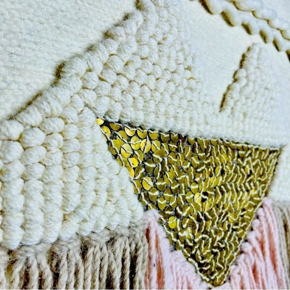 Pier 1 Macrame Woven Tapestry Wall Hanging with Gold Sequin Accents Boho Chunky